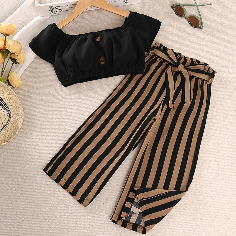 

Summer Baby Girl Set Children Black Short Top+Stripe Long Pants 2-Pieces Suit 4-7 Years old Kids Street Fashion Cool Clothing