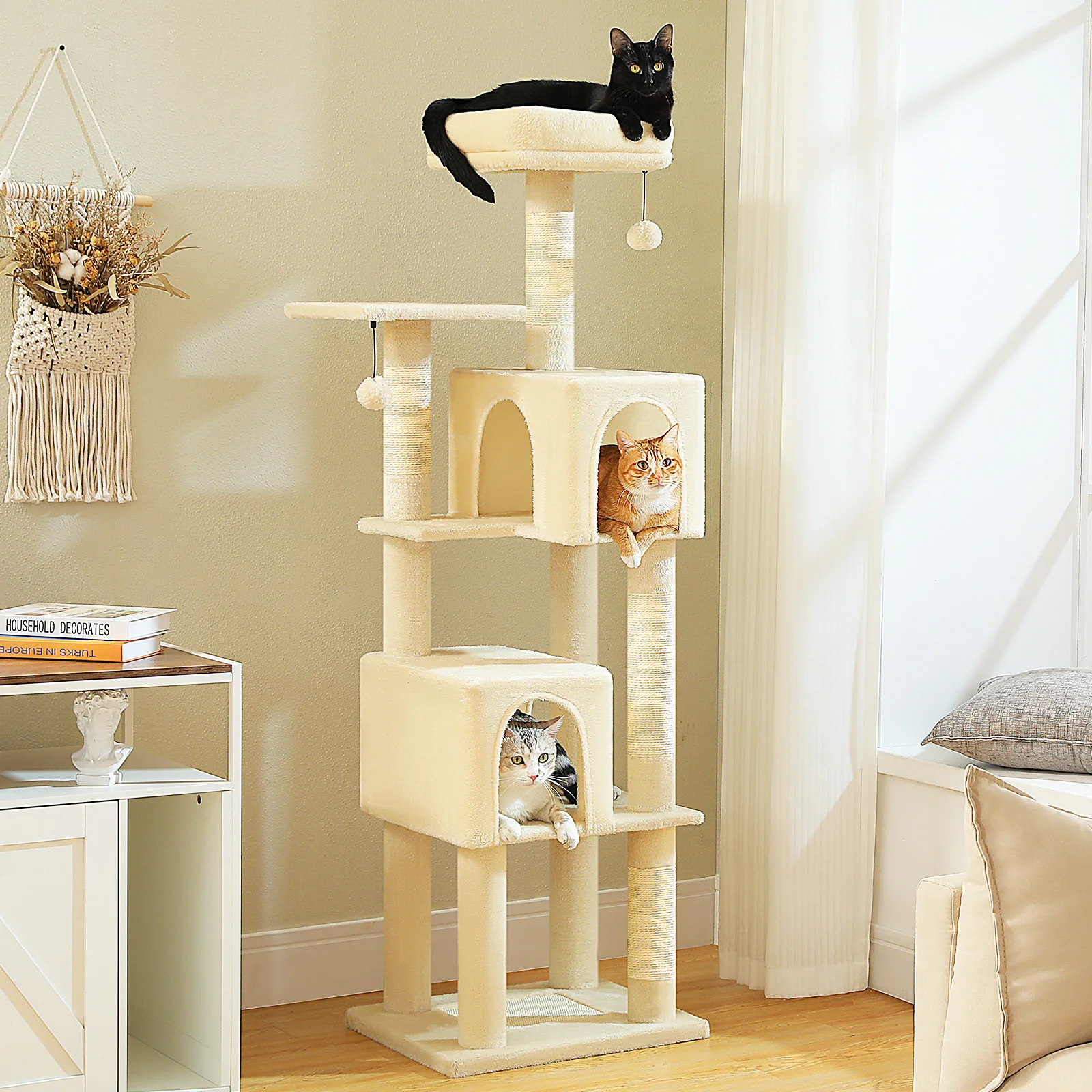 

7 Level Cat Tree Tower with 2 Spacious Cozy Condos,Natural Sisal Scratching Posts, Bottom Scratching Pad,Fluffy Pompom,Top Perch