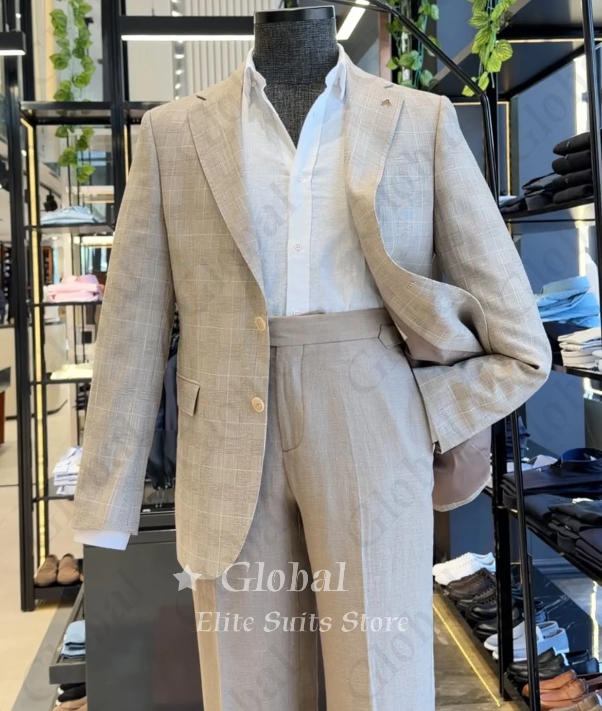 Old Money 2 Pieces Men Suit Slim Fit Khaki Windowpane Check Notch Lapel Casual Blazer Trousers Wedding Tuxedo Customized