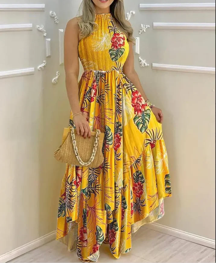 

2024 Women's Fashion Summer Dress Tropical Print Sleeveless Pleated Maxi Women's Dress