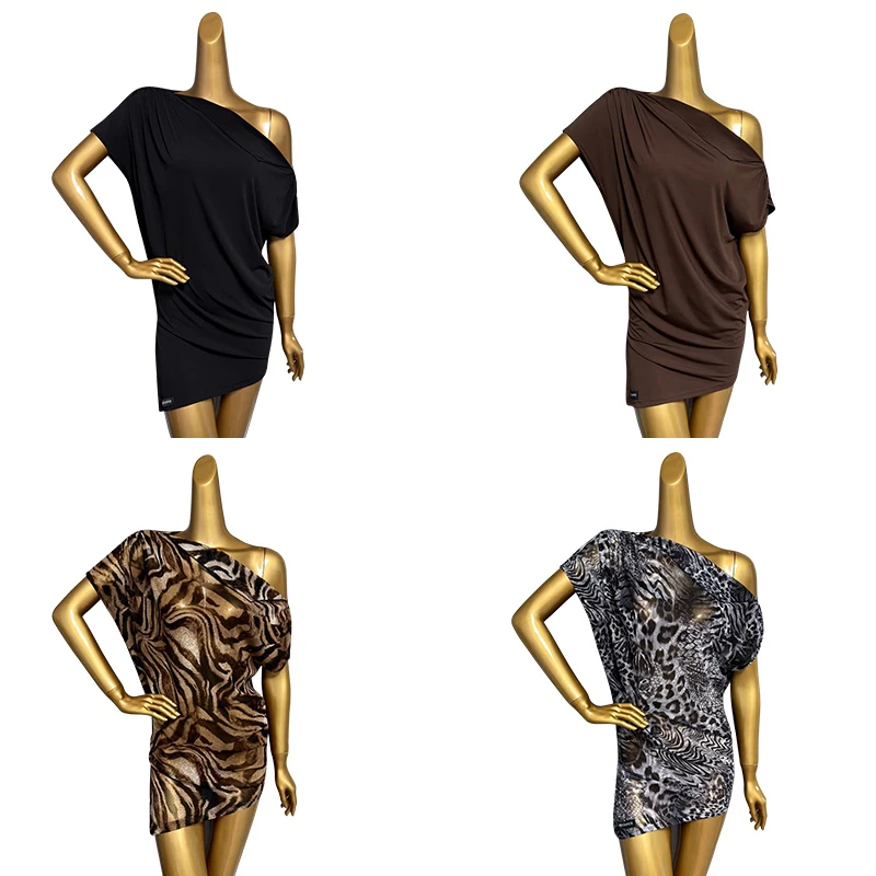 

Women Latin Dance Dress Slanted Shoulder Short Sleeved Dance Top Dress Suit For Adult Chacha Rumba Latin Dance Costume DQL10936