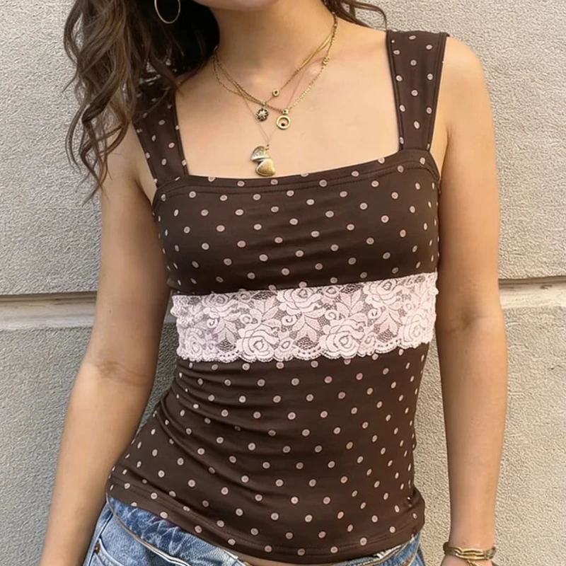 Y2K Harajuku Polka Dot Printed Vest Square Collar Sleeveless Lace Stitching Top Summer Holiday Street Shoulder Strap Vest Women