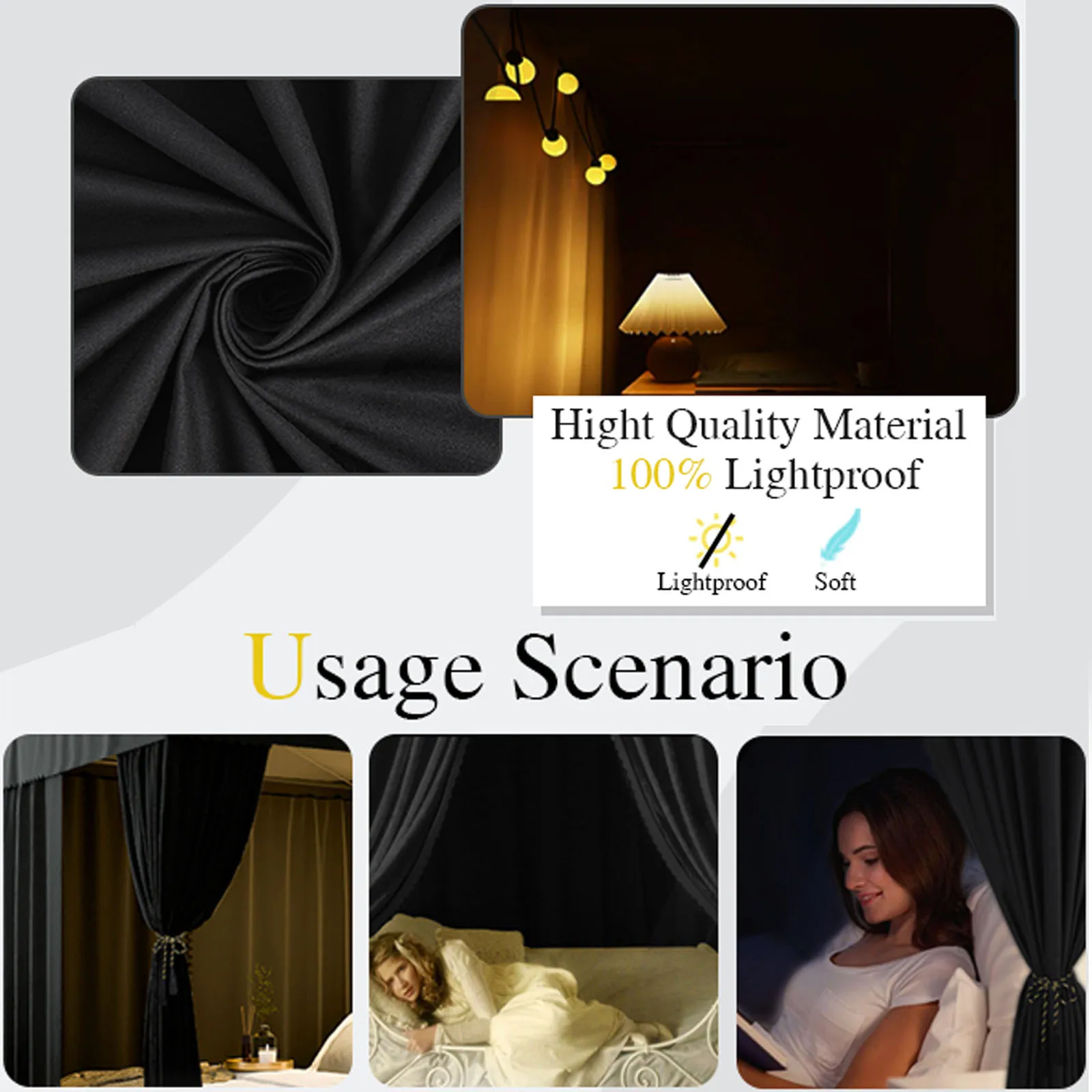 Black Four Corner Post Lightproof Windproof Bed Canopy Bed Curtains Sheer Canopy for Adults Girls Bedroom Windproof Queen/King