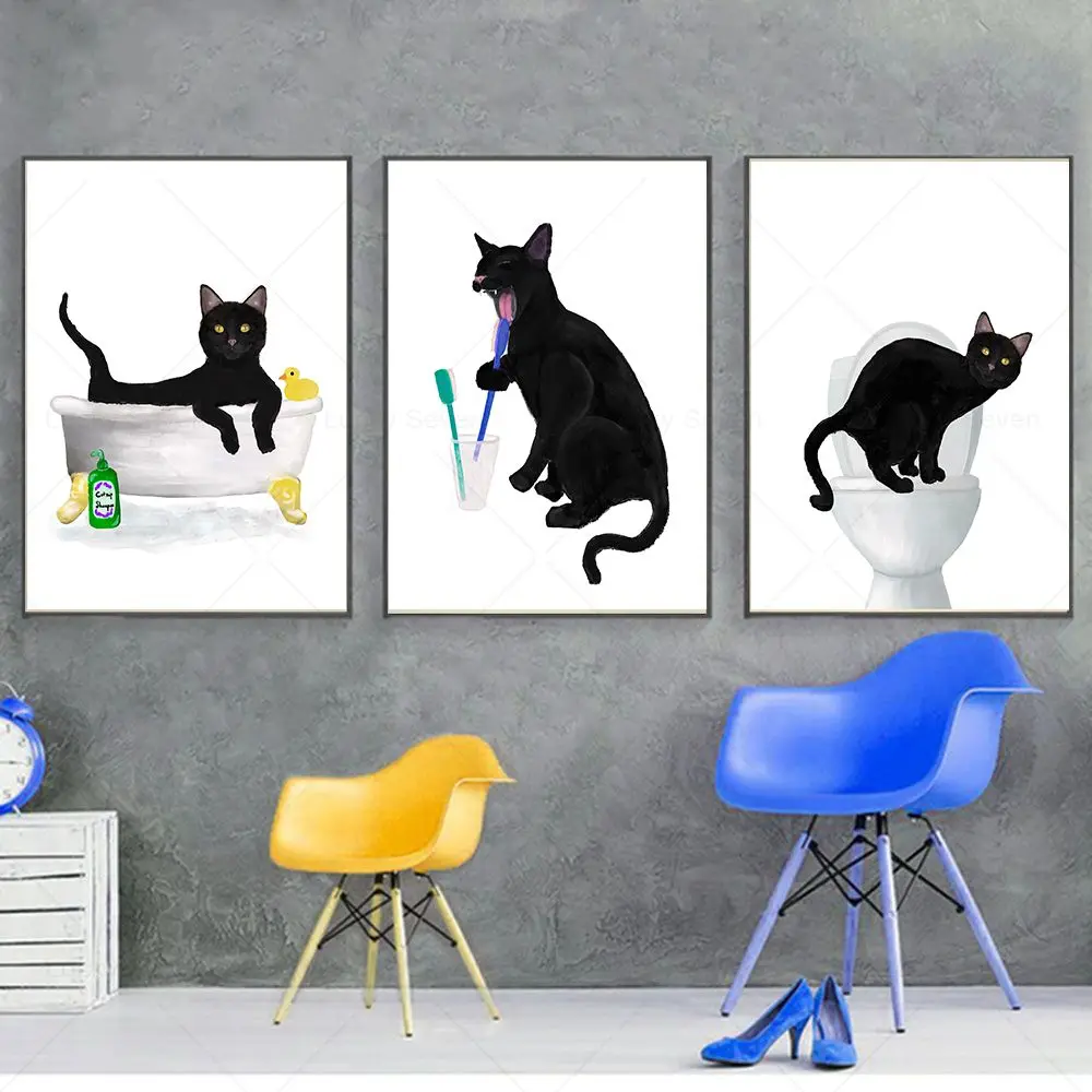 Funny Cat In Bath Art Print Cute Black Cat Bathroom Wall Art Canvas Painting Nordic Posters Bathroom Toilet Decor Cat Lover Gift