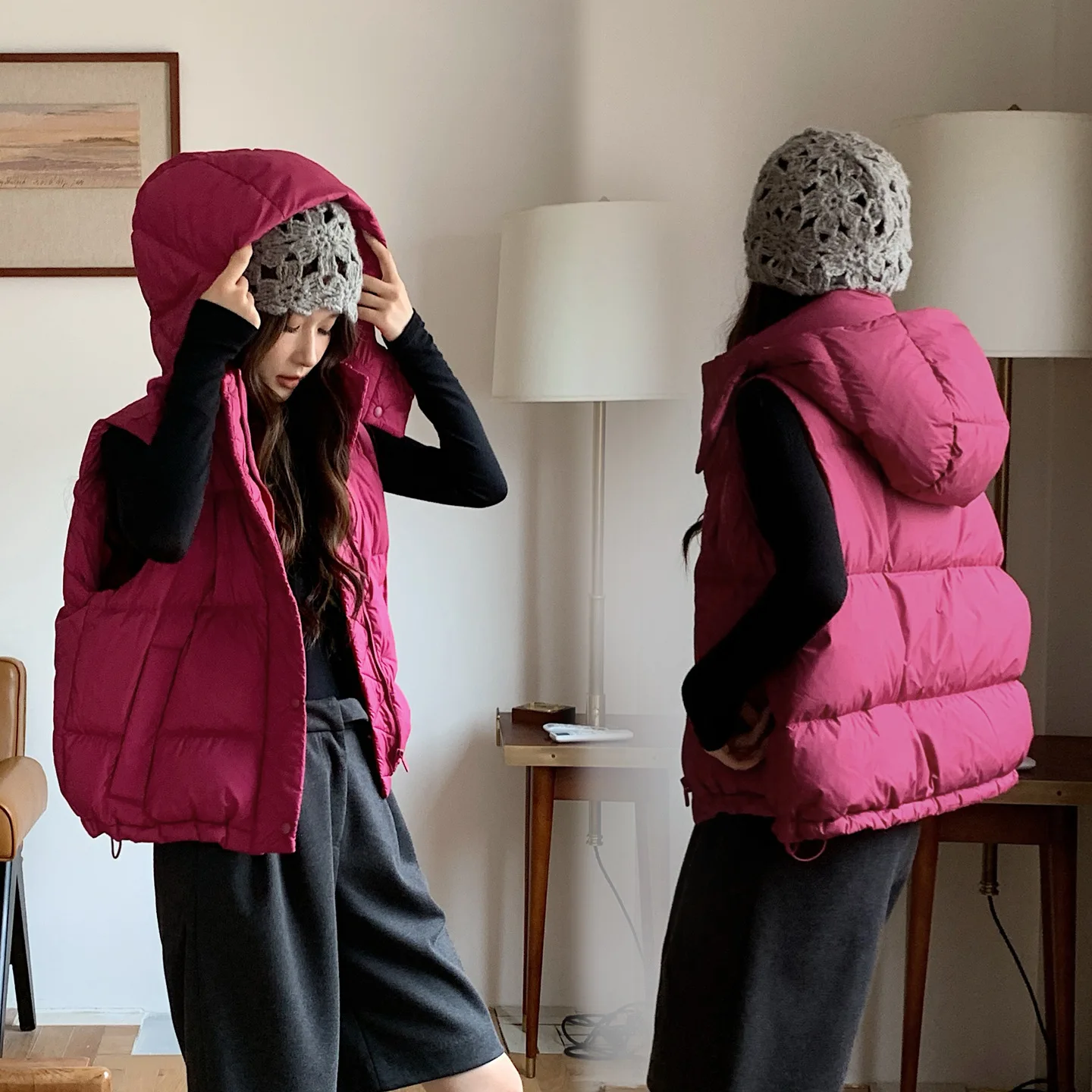 Autumn Winter Women Vest Jackets Hooded Lightweight Quilted Padded Zipper Snap Button Pockets Windproof Loose Layering Outerwear