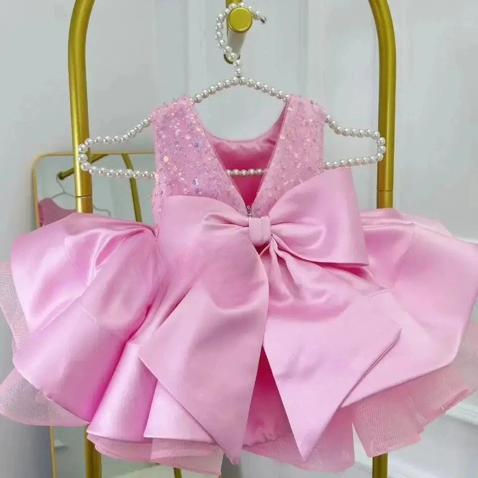 V-neckPink Glitter Flower Girl Wedding Dress Baby First Christmas Dress Elegant Birthday Party girls dress ballet girls costume