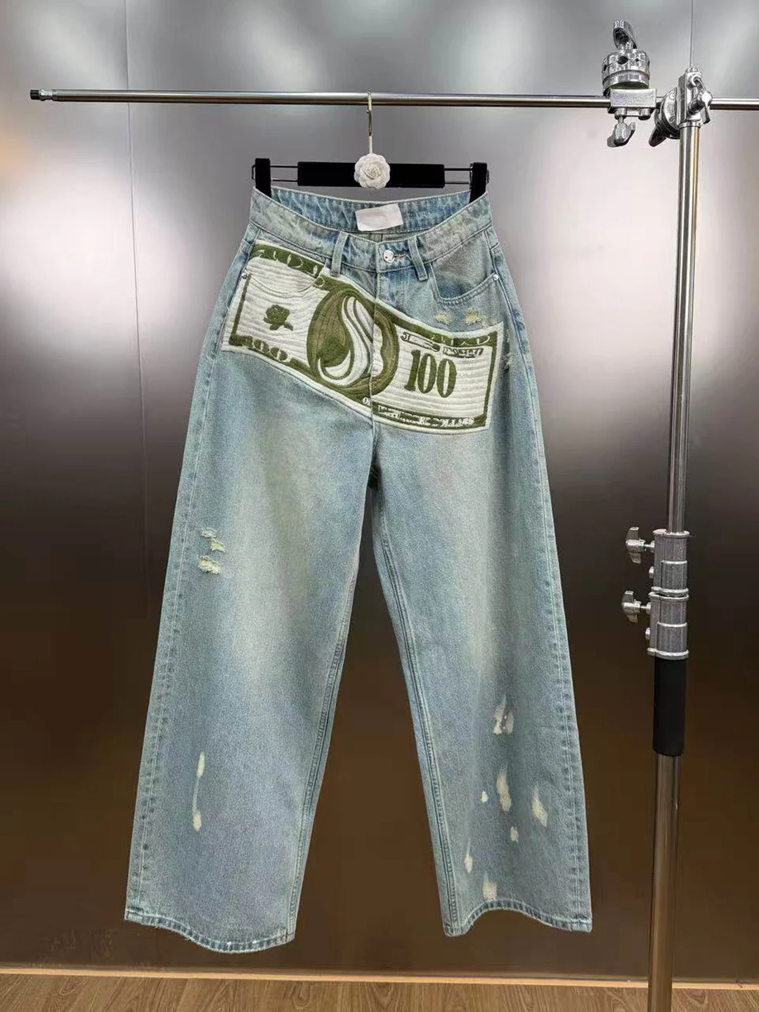 

Retro Washed Distressed Denim Jeans Women's Summer New High Waist Loose Wide Leg Straight Cut Trousers Printed Comfortable Br...