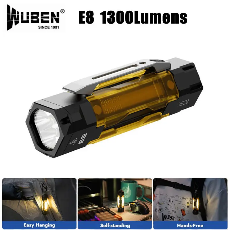 WUBEN E8 EDC Flashlight 1300Lumens UV Mode Rechargeable Waterproof Compact Magnetic Portable Torch DIY Side Lights Mecha Style