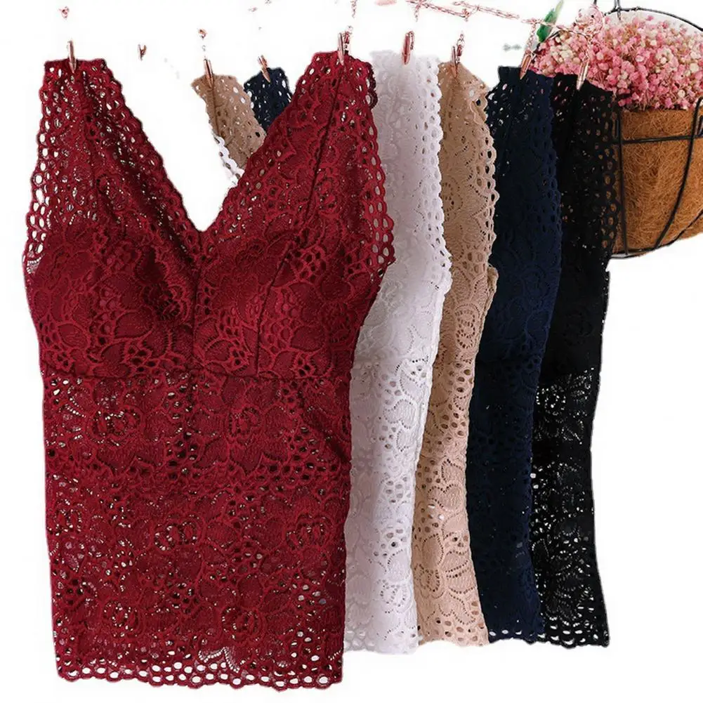 Womens Tank Top V-neck Skeleton with Pads Spaghetti Straps Sexy Lace Long Bra Crochet Vest Inside Wear