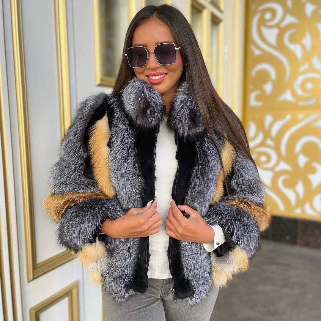 Fashion Genuine Leather Fox Fur Jacket Stand Collar Women Winter Outwear Thick Warm Natural Real Fox Fur Coats Trendy Overcoat