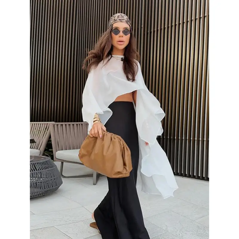 

GetSpring Women Shirt 2024 Summer Fashionable New White Black Chiffon Blouse Simple Loose Casual Long Female Tops All Match