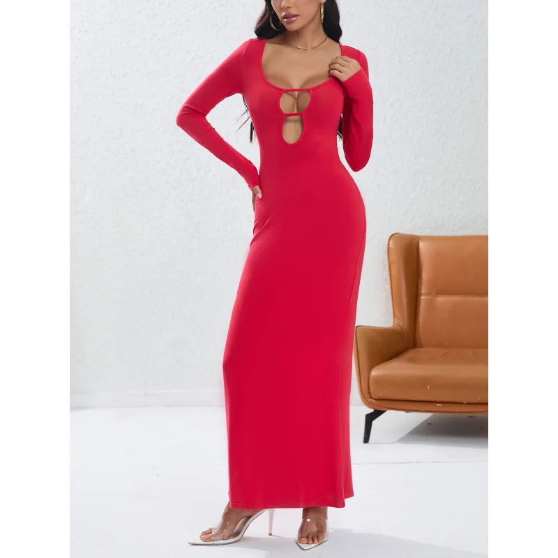 YQ1-المرأة الخريف والشتاء جديد سليم صالح Bodycon مثير الجوف خارج فستان طويل فستان الحفلات #4