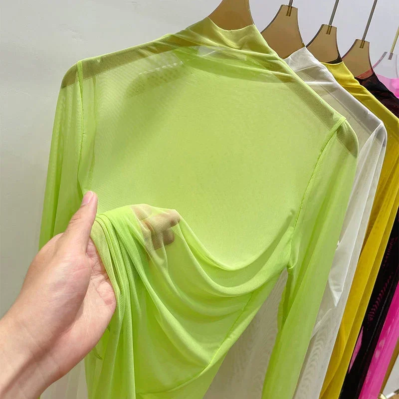 Women Transparent Gauze Bottoming T-shirt Clothing Summer Long Sleeved T-shirt with Gauze Shirt Half High Collar Sunscreen