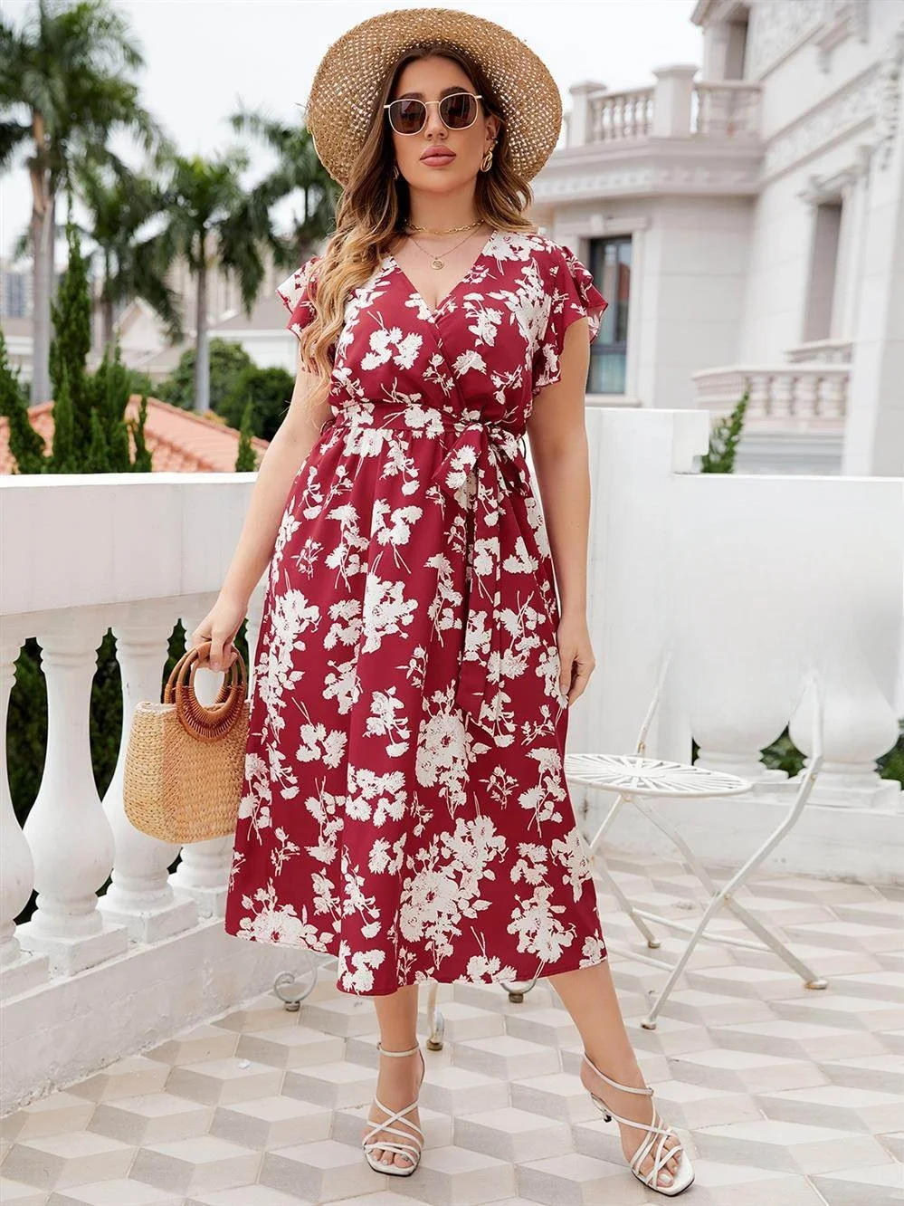 

Летнее платье с цветочным принтом, больших размеров, с высокой талией, V-образным вырезом, для женщин, больших размеров, с эффектом похудения, модное, с принтом, стильное