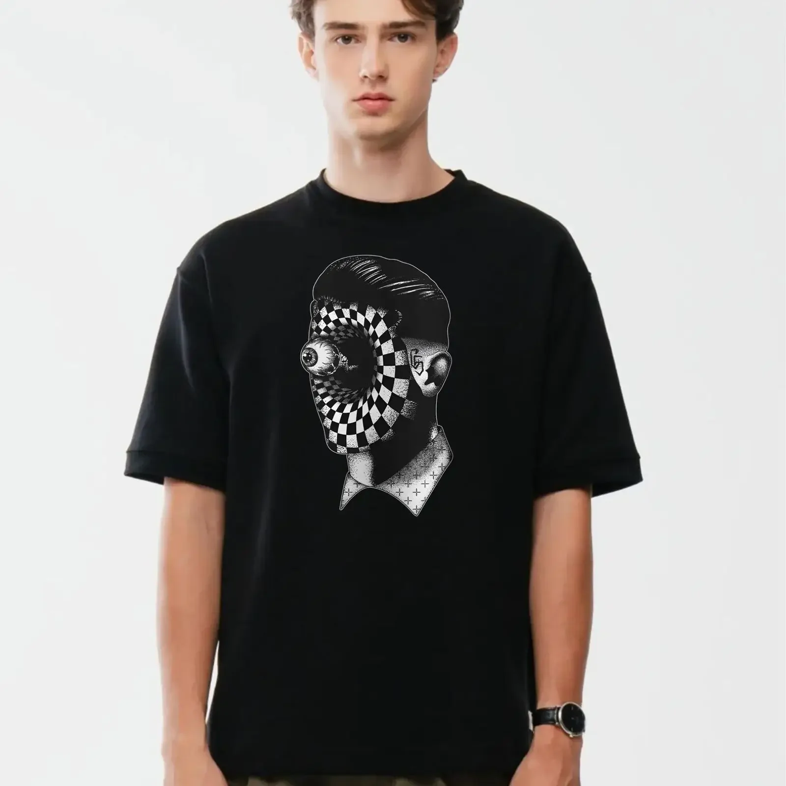 Abstract Optical Illusion T Shirt Weirdcore Surreal Face Art 100 Cotton Novelty Top vintage Washed Versatile Soft Slightly