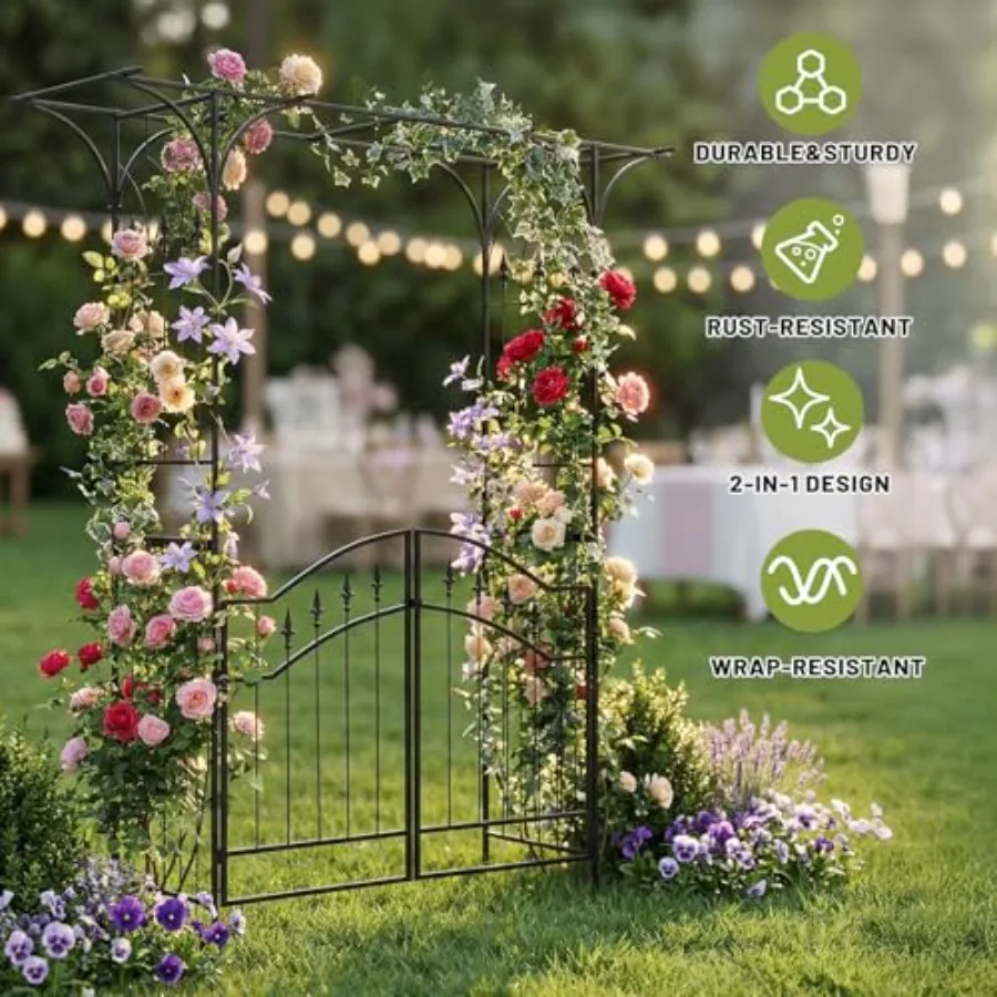 Garden Arbor: Metal Garden Arch Trellis with Gate for Climbing Plants, Outdoor Use, 6.8ft Tall, Black Finish, Rust-Resistant St