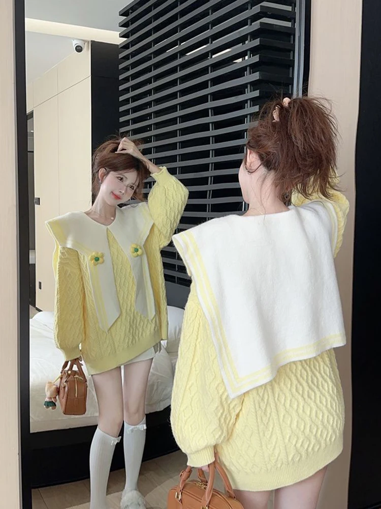 

Милые милые свитера с матросским воротником, женские свободные вязаные пуловеры в консервативном стиле с длинными рукавами, японский кавайный джемпер в стиле ретро, топы