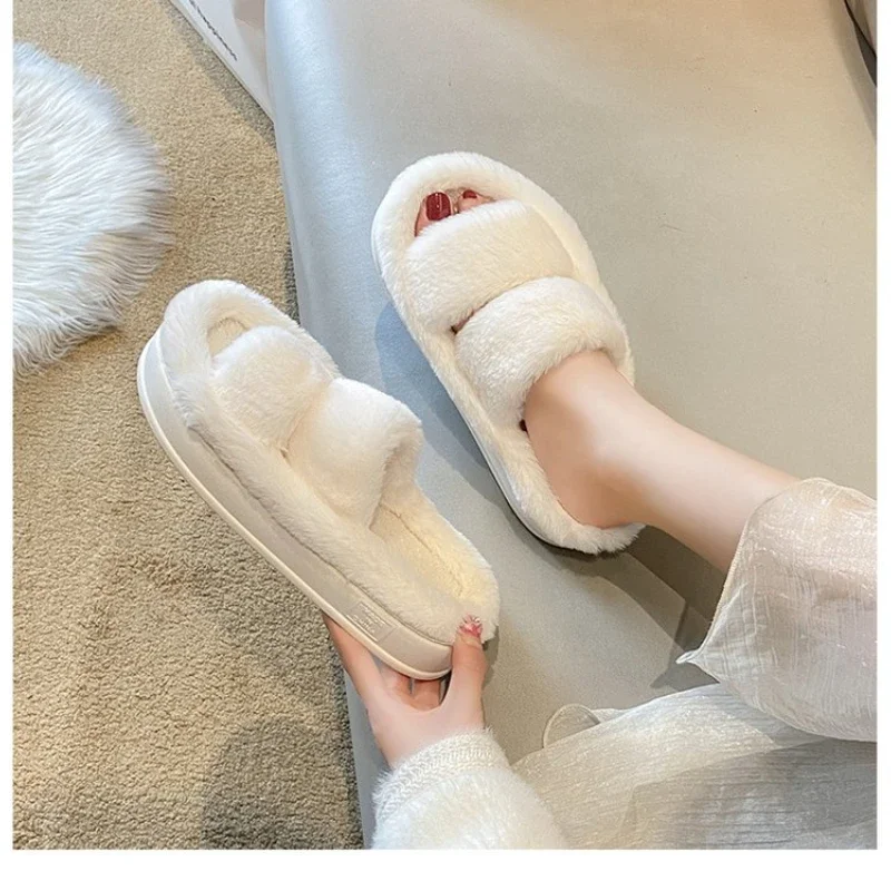 Winter Women Fur Slippers Fluffy Cute Plush Ladies Flip Flops Luxury Charming Home Outdoor Non-Slip Wear-Resistant Flat Sandals