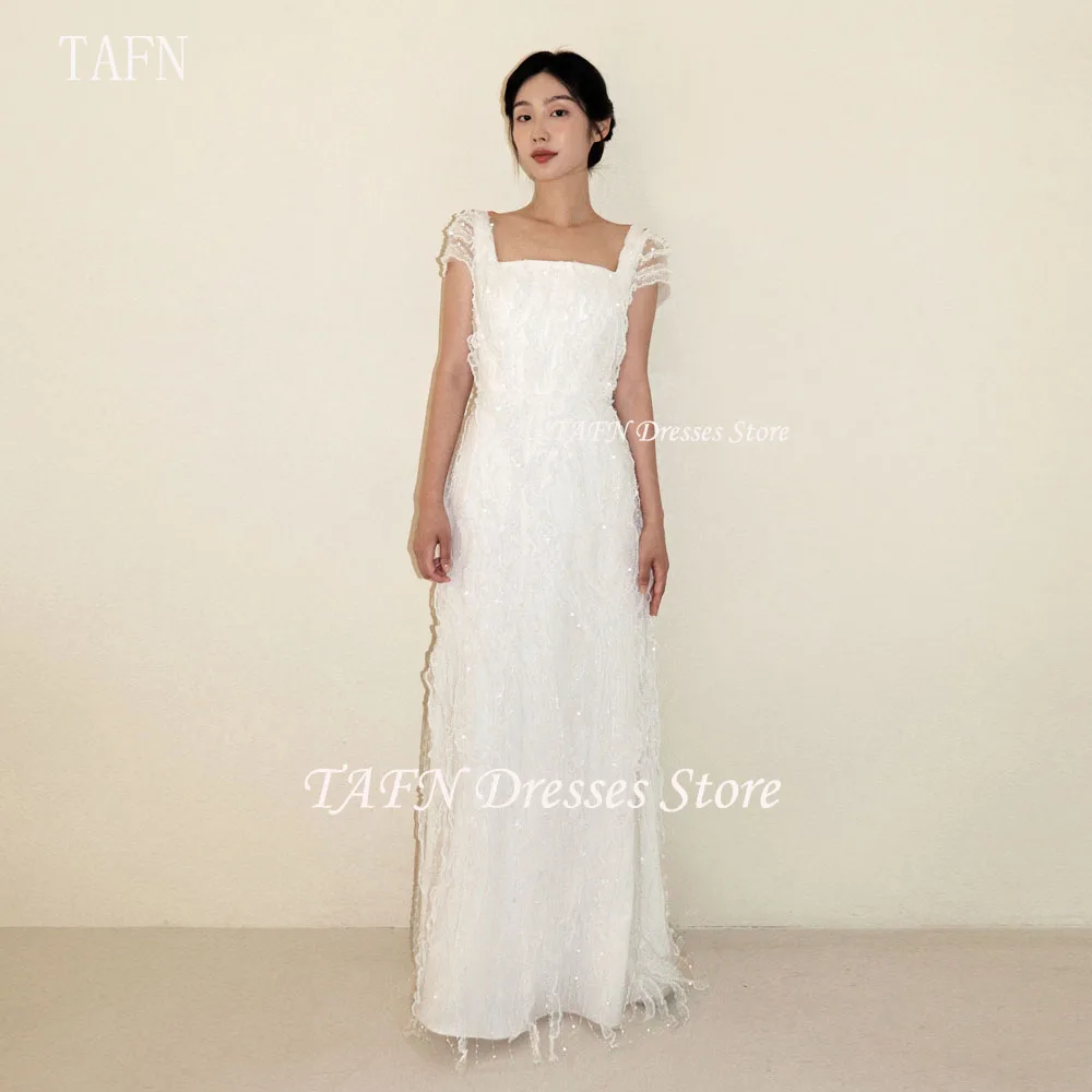 TAFN Korea Wedding Dresses Square Collar Short Sleeves A-line Luxury Lace Backless Bridal Gown Photo Shoot Dresses