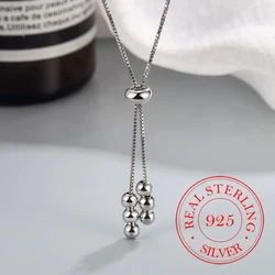 Korean 925 Sterling Silver Round Beads Ball Adjustable Tassel Chains Choker Necklace for Women Girls Female Retro Luxury Jewelry