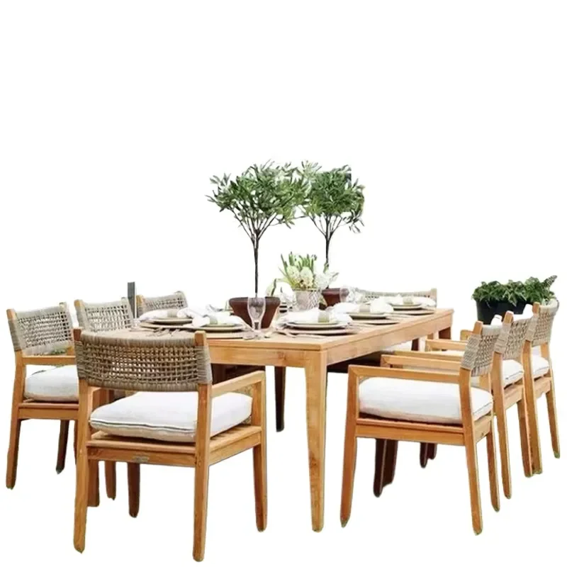 for Outdoor Teak Solid Wood Long Table and Chairs Set Villa Courtyard Garden Balcony Leisure Preservative Furniture