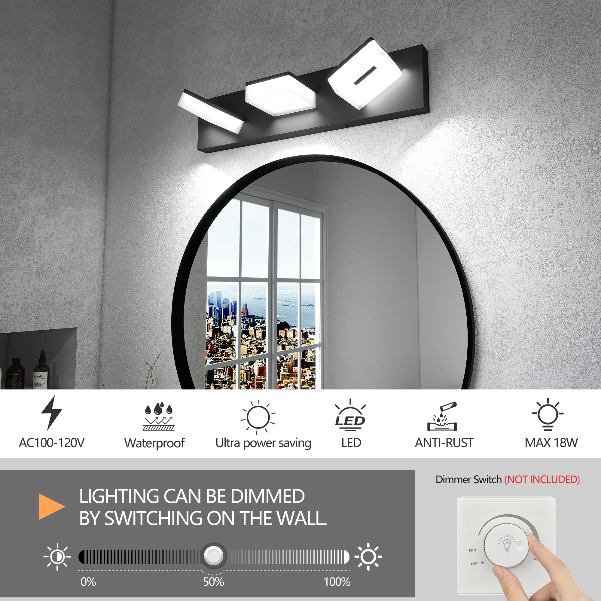 L002013-W3B Lampada frontale a specchio in stile moderno può ruotare di 180 gradi, impermeabile e antiruggine, certificata di sicurezza elettrica, adatta per lavabo da bagno, sorgente luminosa a LED, dimmerabile, design semplice