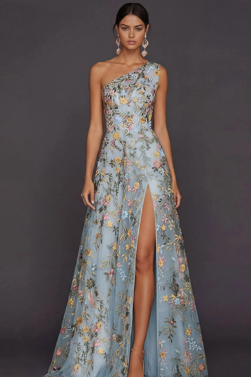 Boho One Shoulder Floral Embroidery Appliques Tulle Evening Gown Side Slit Formal Dress Wedding Guest Prom Party Long Dress