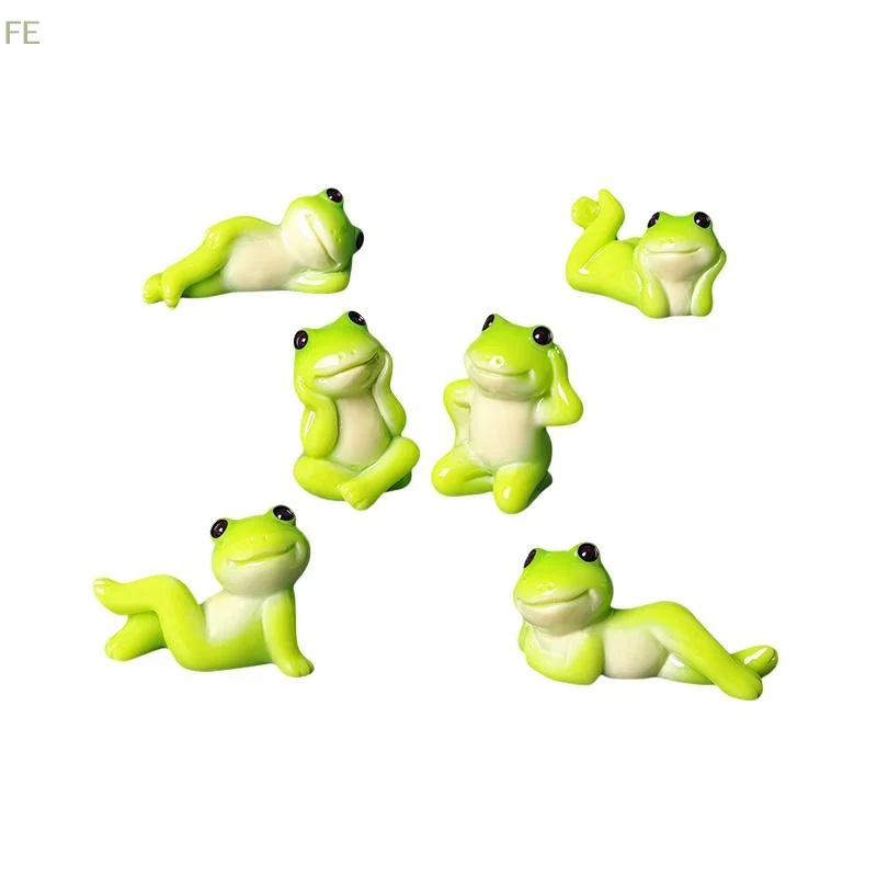 [F] 6 PcsCute Mini Resin Frog Figurine Set With Various Relaxing Poses Perfect For Fairy Garden Desktop Potted Plant Decor