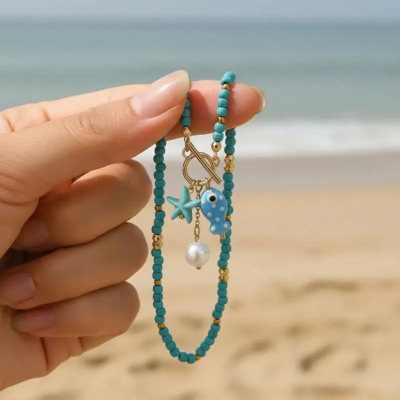 Böhmische, meeresinspirierte Keramik-Fisch-Seestern-Anhänger-Halskette, bunte Perlen, Keramikketten-Armband, Sommer-Ozean-Strand-Schmuck – Detail 2