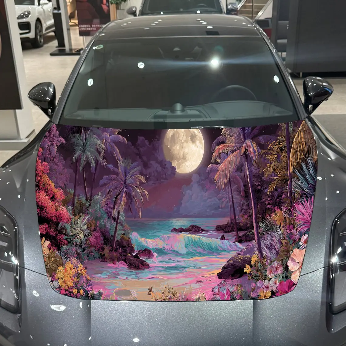 Dreamy Seaside Blossoms Under the Moonlight Car Hood Vinyl Stickers Car Surface Protection Decal Car Decoration Cover Vinyl Wrap