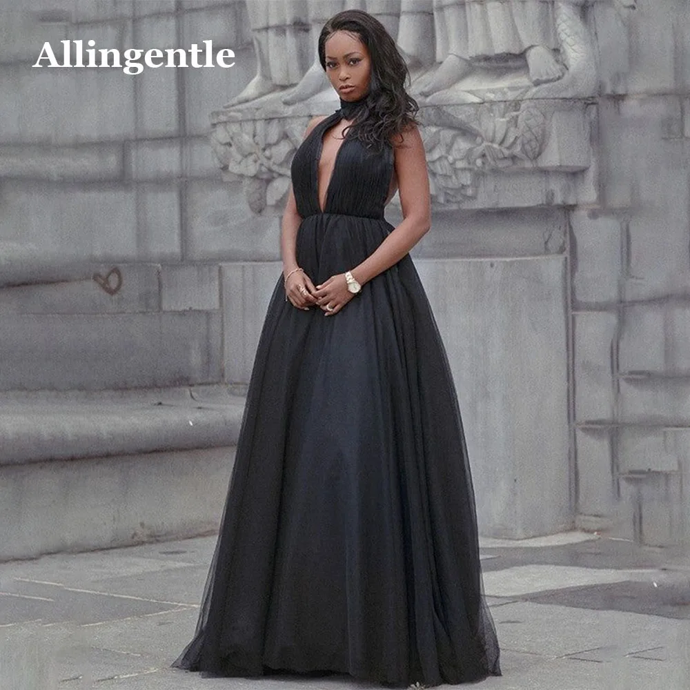 Allingentle Sexy Black A Line Halter Evening Gown Deep V Neck Elegant Prom Dress Sleeveless Custom Size Backless robes de soirée