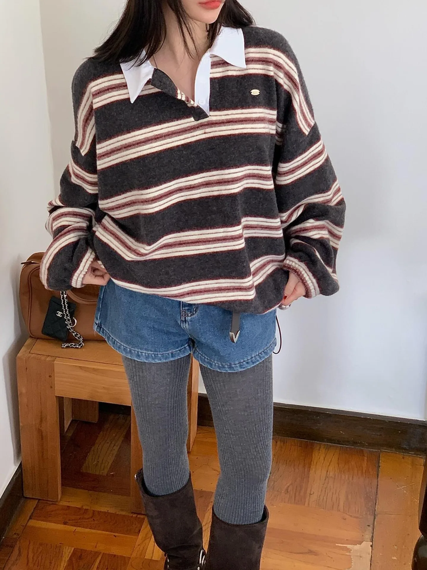 الرجعية اللون بلو ني البلوز المرأة فضفاضة أعلى مخطط قاعدة irt شتاء جديد Sle الكورية Sle الشارع Faion #4