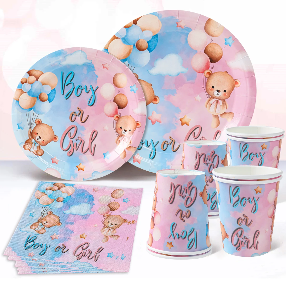 

Pink Blue Boy Or Girl Gender Reveal Baby Shower Party Disposable Tableware Set Paper Plates Cups Banner Balloon Decoration