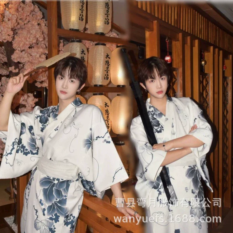 Summer Black Japanese Traditional Samurai Kimono For Men Yukata Bathing Robe Loose Style Homewear Belt Long Gown Cotton