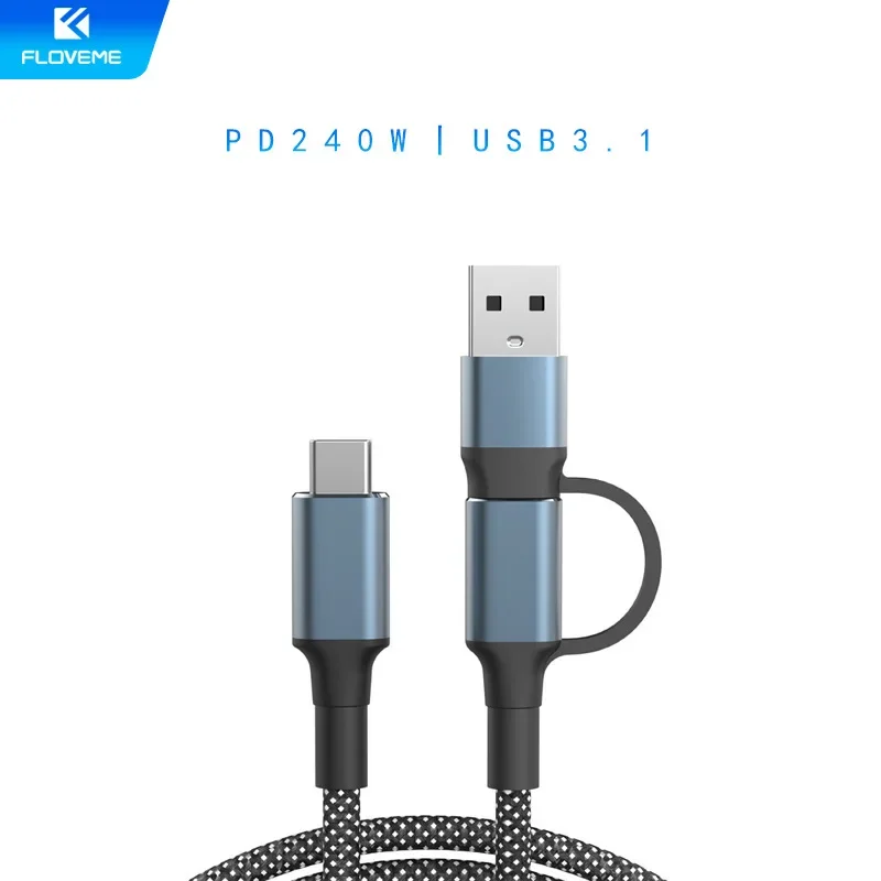 Floveme New PD240W Super Fast Charge Motorcycle Data Cable USB3.1 Mobile Phone Charging Cable Two-In-One Design For Motorbikes