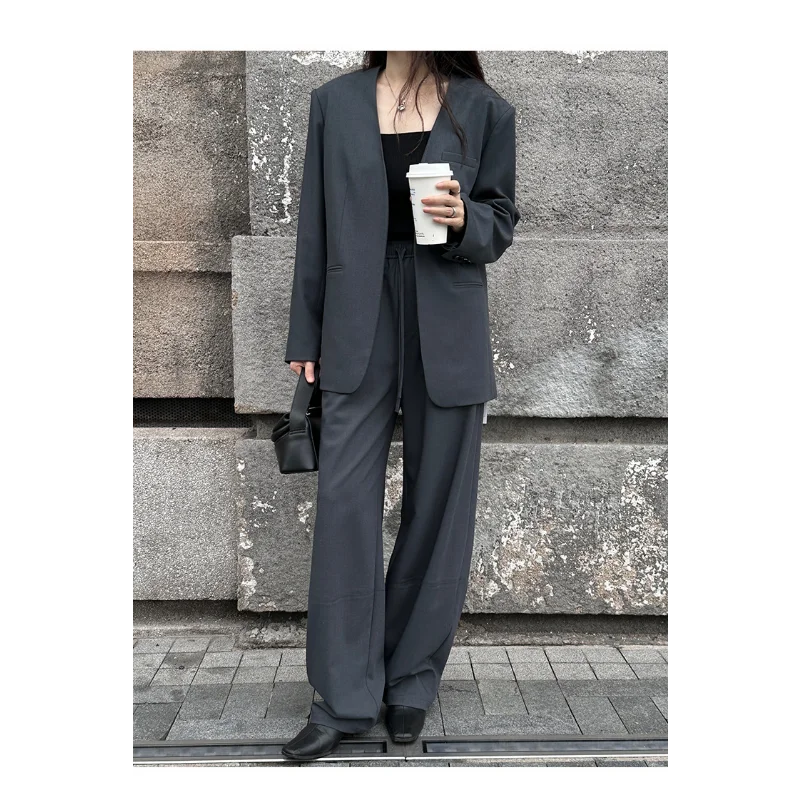 Autumn Loose Blazers Suits Women OL Clothing Casual Collarless Suit High-quality Tailored Trousers Pocket Female Straight Pants