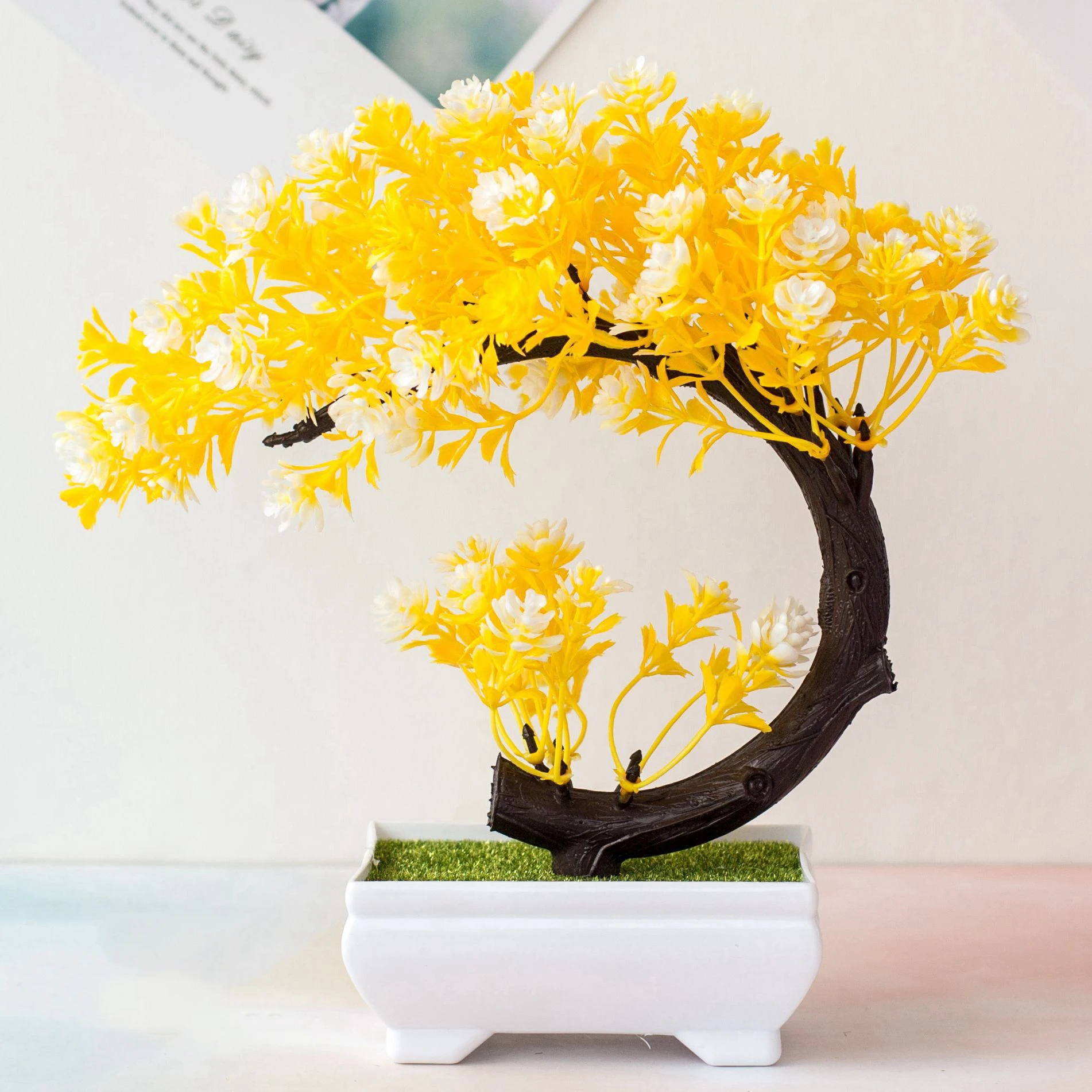 Halbmondförmiger Künstlicher Bonsai-Baum, Simulierte Tausendblütenpflanze, Deko-Ornament für Zuhause, Büro und Schreibtisch, Kreatives Design G – Detail 3