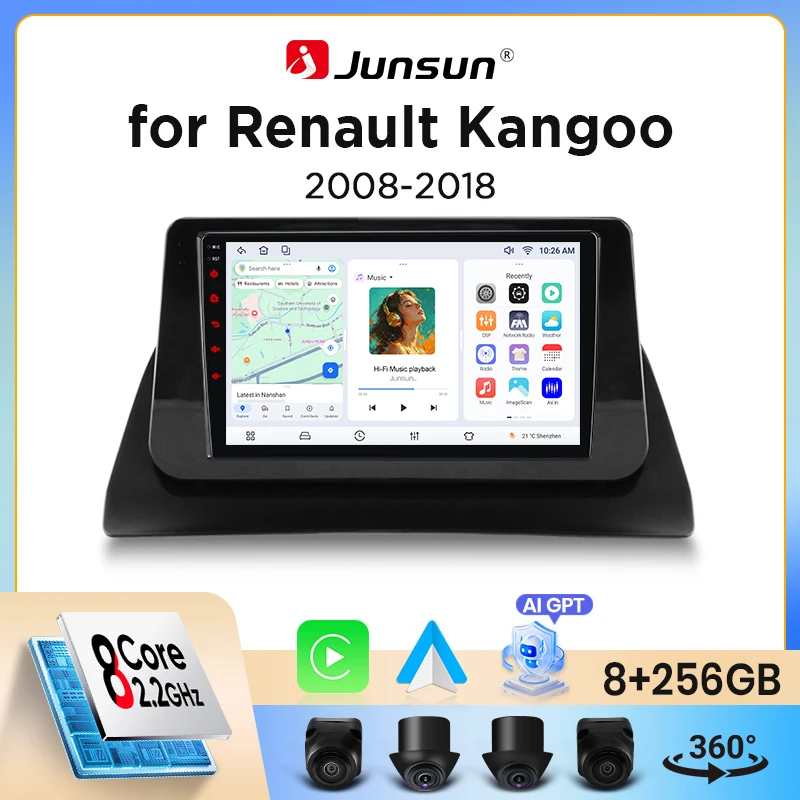 Autoradio Junsun sans fil CarPlay Android Auto pour Renault Kangoo 2 (FW/KW) 2008-2021 avec ventilateur de refroidissement intégré, navigation GPS Android, lect