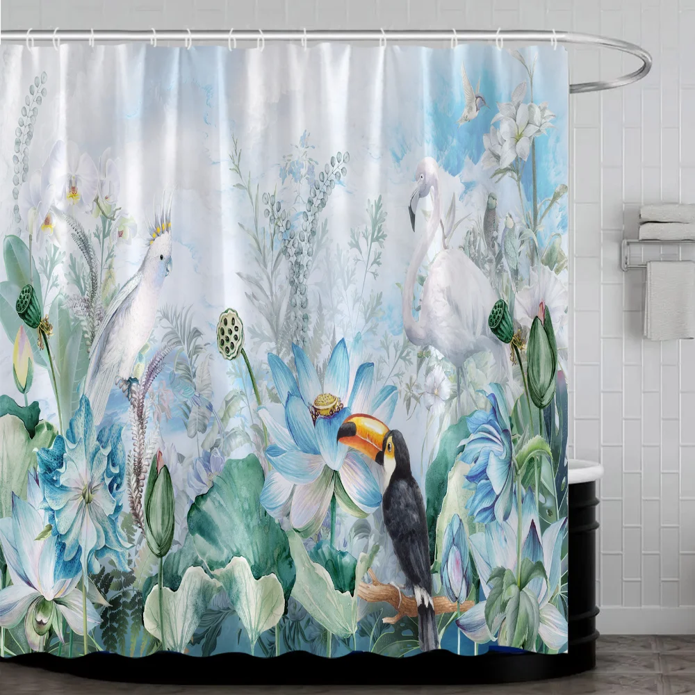 

Lotus Flower Leaf Parrot Shower Curtain Tropical Green Palm Leaves Flower Animal Polyester Fabric Decor Bathroom Curtain Hook