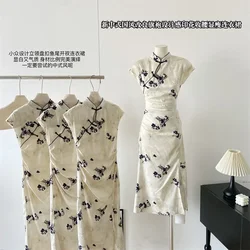 Summer Chinese Style One-Piece Robe Fashion Chic Beige A-Line Dress Sleeveless Court 2000s Aesthetic Mori Girl Print Dresses