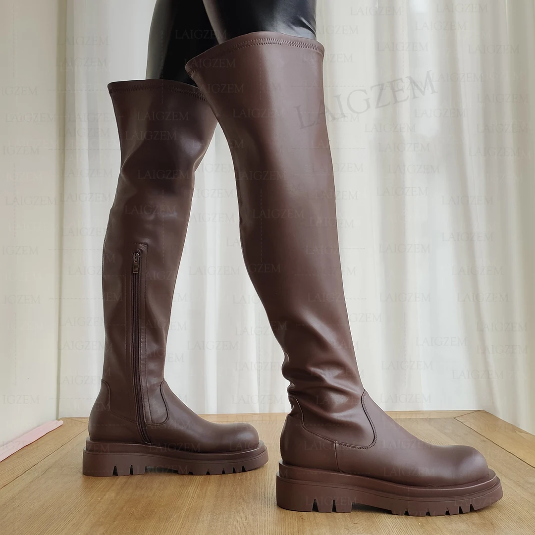 LAIGZEM Women Over Knee Boots Real Leather+ Elastic Synthetic Side Zip Comfortable Boots Handmade Shoes Woman Big Size 33 42 43