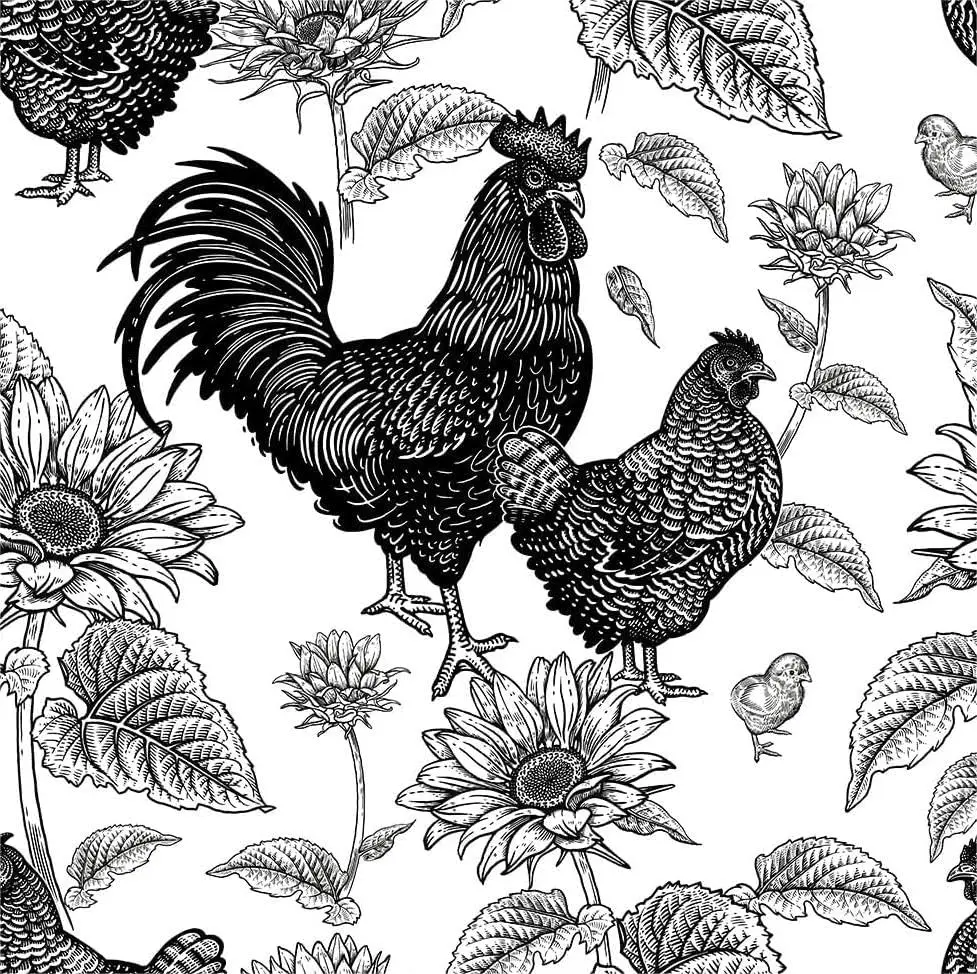 

Black and White Rooster Sunflowers Wallpaper Farm Chicken Peel and Stick Wallpapers Removable Wall Paper for Bedroom Cabinet