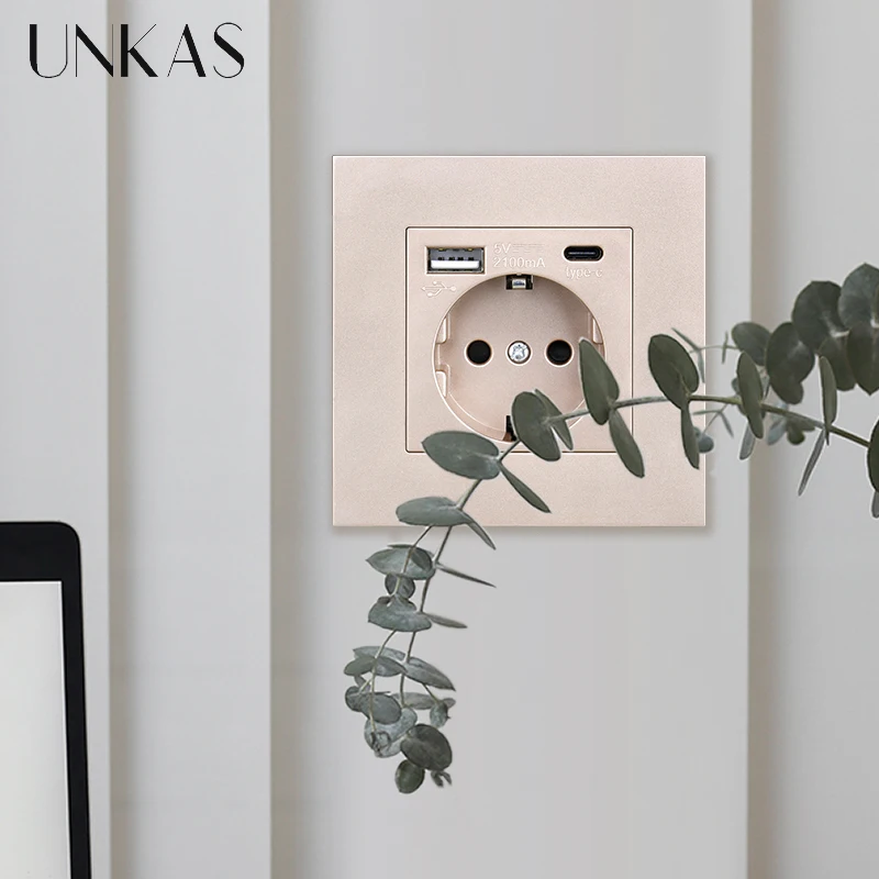 UNKAS PC Panel Abu-abu EU Wall Power Socket Holder Rusia Type-c USB Outlet Spanyol Plastik Jerman Triple Electric Fast Charging