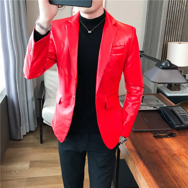 Men Casual Black White Suit Leather Jacket /Men Solid Color Business Suit Collar PU Blazers Dress Coat Fashion /New Men Clothing