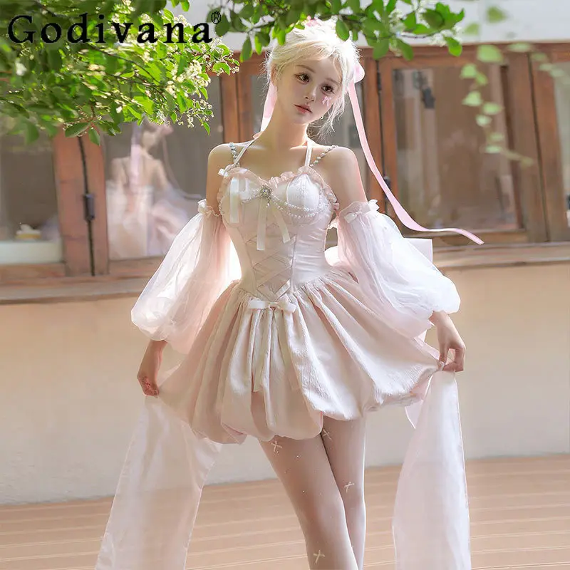 

Pink Princess Style Dress JSK Women's High Waist Slimming Elegant Big Bow Tail Sleeveless Sling Dress French Lolita Sweet Dress