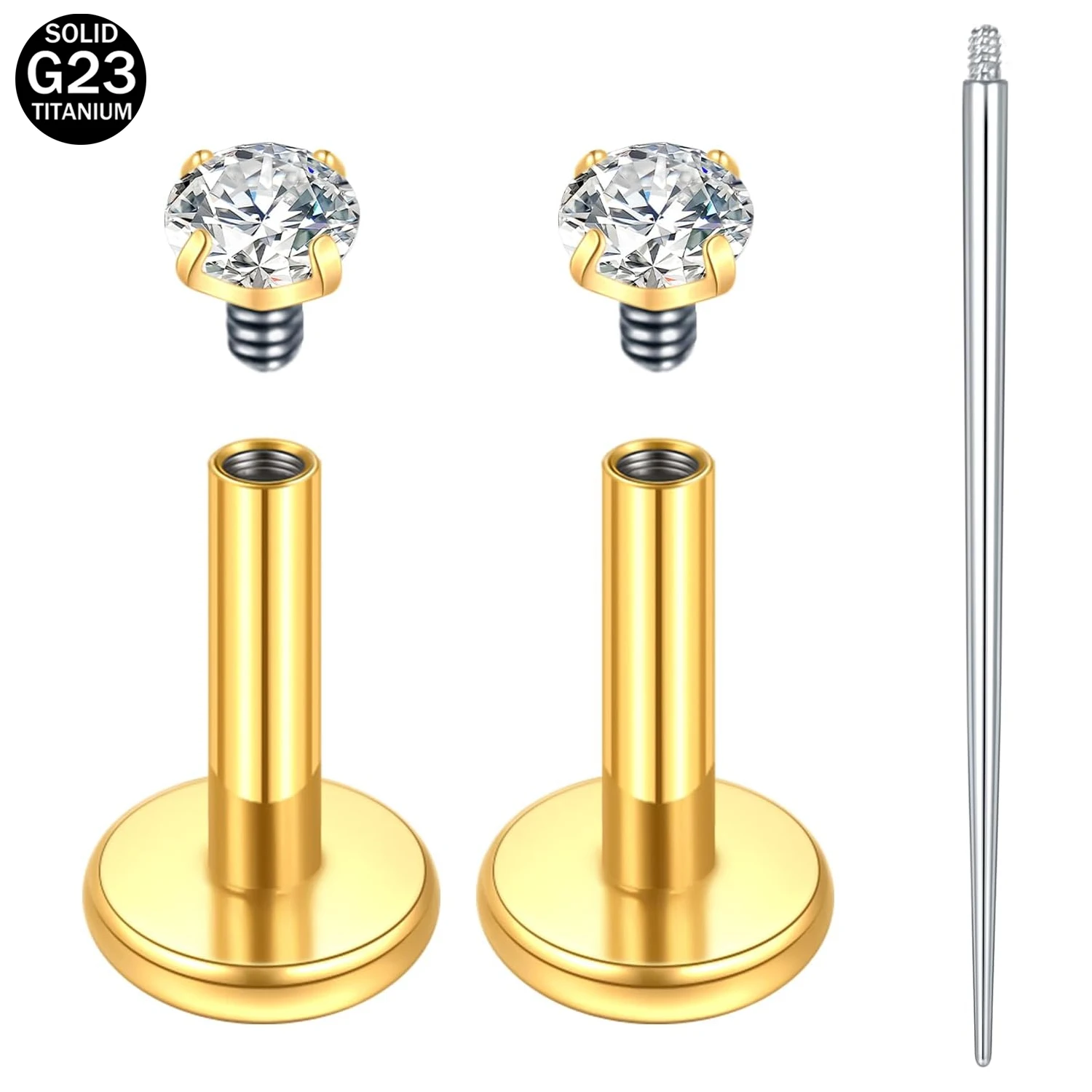 18G 16G Titanium Golden Flat Back Earrings Nose Ring Studs Tragus Helix Conch Cartilage Piercing Jewelry for Women Men CZ 2mm
