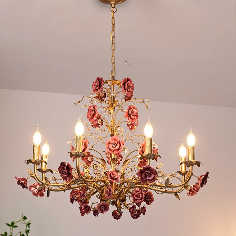 Art deco Colorful ceramic Rose LED Chandelier lamp for dining room Vintage Pink red Restaurant Kitchen Home LED Candle lighting