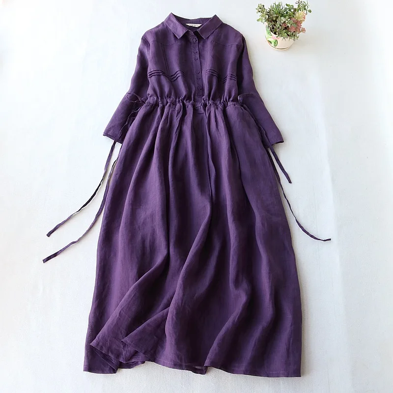 

Ramie Lapel Half Sleeve Dress Waist Slim Solid Color Summer Swing Elegant Temperament Long Dress