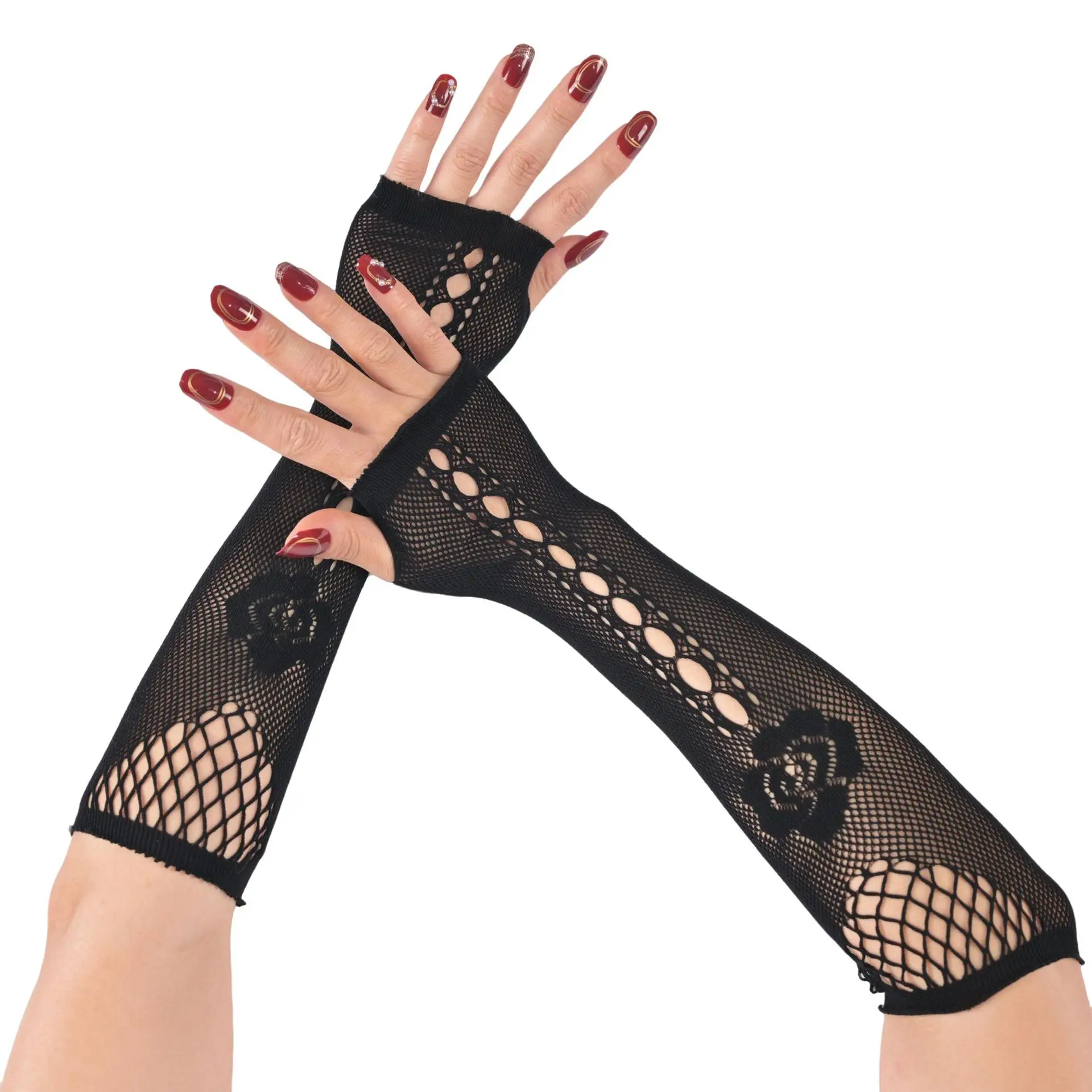 Fingerless Gloves Arm Sleeves Women Dark Ripped Hollow Out Punk Gothic Mesh Long Floral Lightweight Adult Size Black Club Show