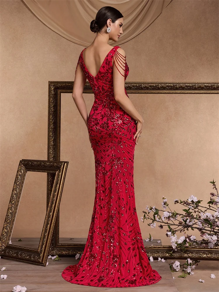 Elegant Deep V-Neck Red Sequin Formal Evening Dresses Women Beading Wedding Party Mermaid Cocktail Prom Graduation Gown